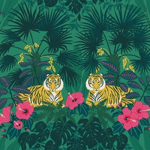 (L) Proud Tiger - Maximalist Jungle pattern with tigers, hibiscus, monstera and palms on green
