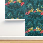 (L) Proud Tiger - Maximalist Jungle pattern with tigers, hibiscus, monstera and palms on blue