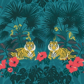 (L) Proud Tiger - Maximalist Jungle pattern with tigers, hibiscus, monstera and palms on blue