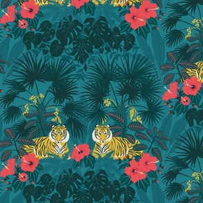 (M) Proud Tiger - Maximalist Jungle pattern with tigers, hibiscus, monstera and palms on blue