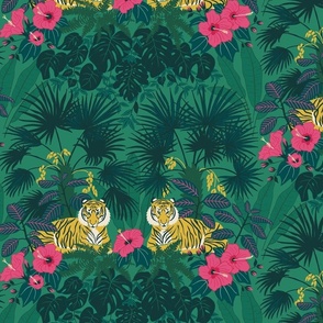 (M) Proud Tiger - Maximalist Jungle pattern with tigers, hibiscus, monstera and palms on green