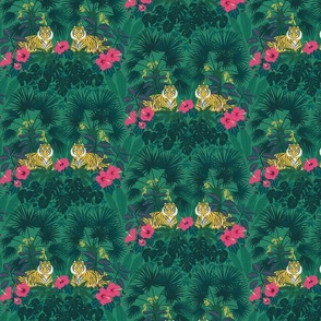 (S) Proud Tiger - Maximalist Jungle pattern with tigers, hibiscus, monstera and palms on green