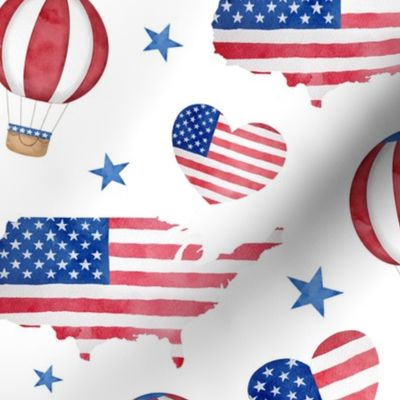 USA patriotic hearts, air balloons and map - white - Large size
