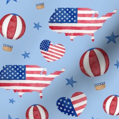 USA patriotic hearts, air balloons and map - blue - Medium size
