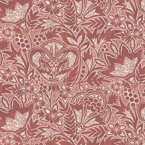 (small) Indian Florals Chintz Tonal block print linen texture Dark Red
