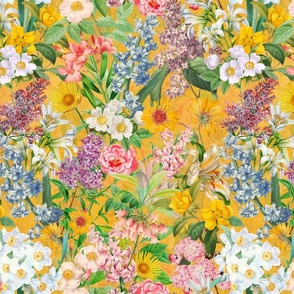 Enchanting Spring Romance: Vintage Springflowers, White Roses, Maximalism Moody Florals, and Nostalgic Wildflowers with Lilacs in Antiqued Garden and Victorian Mystic-Inspired Powder Room Wallpaper sunny yellow