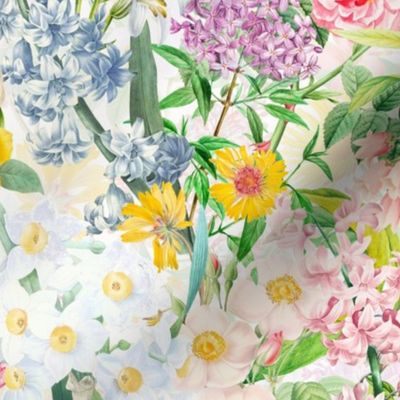 Enchanting Spring Romance: Vintage Springflowers, White Roses, Maximalism Moody Florals, and Nostalgic Wildflowers with Lilacs in Antiqued Garden and Victorian Mystic-Inspired Powder Room Wallpaper off white