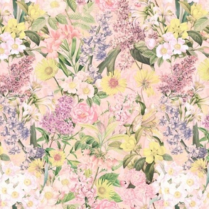 Enchanting Spring Romance: Vintage Springflowers, White Roses, Maximalism Moody Florals, and Nostalgic Wildflowers with Lilacs in Antiqued Garden and Victorian Mystic-Inspired Powder Room Wallpaper sunny blush pink