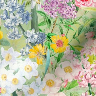 Enchanting Spring Romance: Vintage Springflowers, White Roses, Maximalism Moody Florals, and Nostalgic Wildflowers with Lilacs in Antiqued Garden and Victorian Mystic-Inspired Powder Room Wallpaper spring green