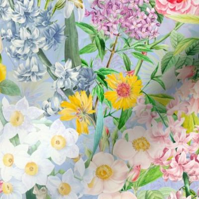 Enchanting Spring Romance: Vintage Springflowers, White Roses, Maximalism Moody Florals, and Nostalgic Wildflowers with Lilacs in Antiqued Garden and Victorian Mystic-Inspired Powder Room Wallpaper light blue 