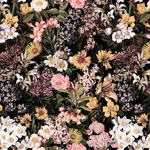 Enchanting Spring Romance: Vintage Springflowers, White Roses, Maximalism Moody Florals, and Nostalgic Wildflowers with Lilacs in Antiqued Garden and Victorian Mystic-Inspired Powder Room Wallpaper sepia black