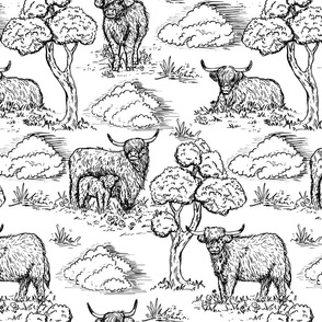 highland cow toile de jouy black and white large scale WB24