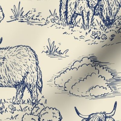highland cow toile de jouy blue and cream large scale WB24