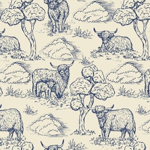 highland cow toile de jouy blue and cream large scale WB24