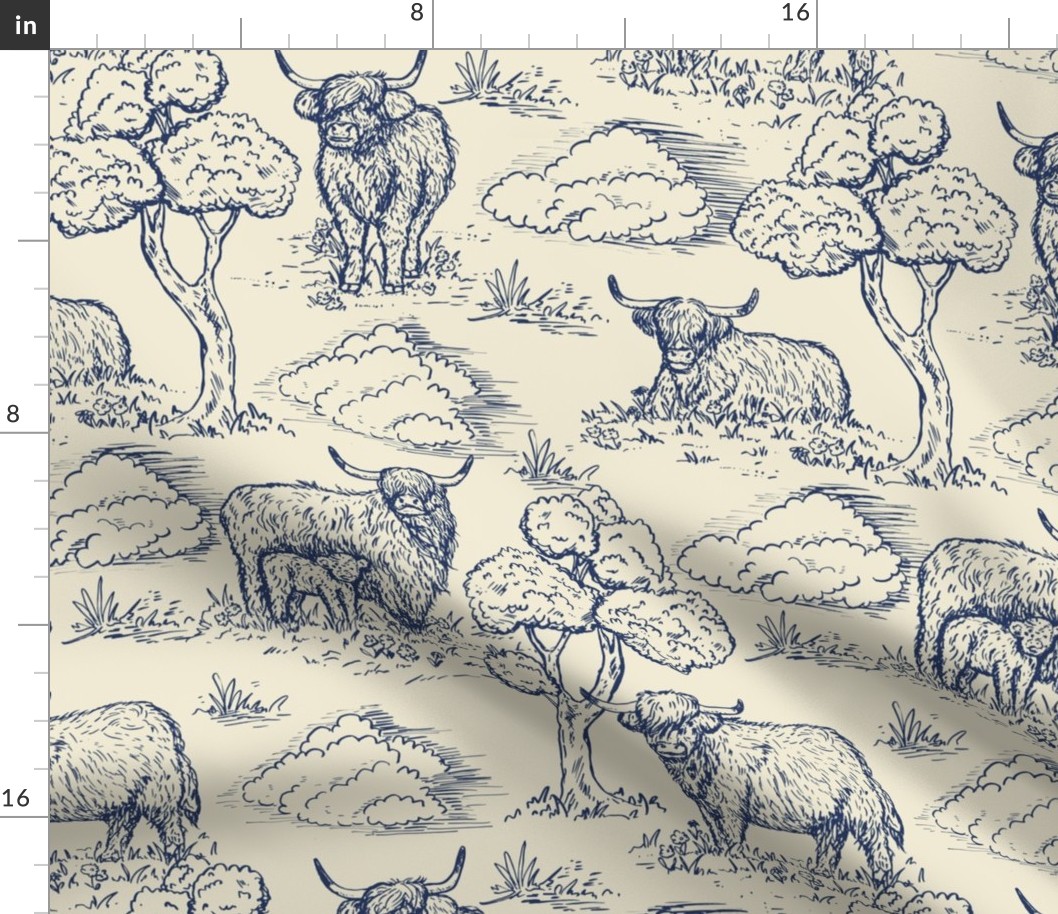 highland cow toile de jouy blue and cream large scale WB24