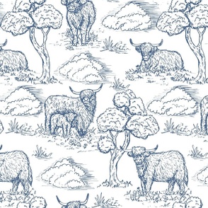 highland cow toile de jouy blue and white large scale WB24