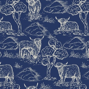 highland cow toile de jouy navy and cream large scale WB24