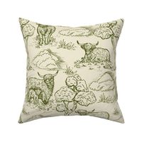 highland cow toile de jouy green and cream large scale WB24