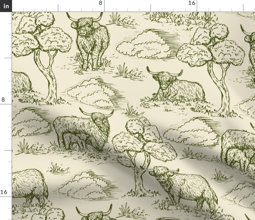 highland cow toile de jouy green and cream large scale WB24