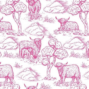 highland cow toile de jouy hot pink and white large scale WB24
