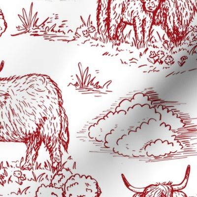 highland cow toile de jouy red and white large scale WB24