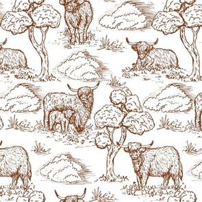 highland cow toile de jouy rust brown and white large scale WB24