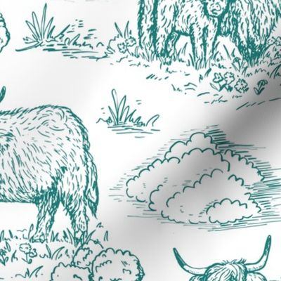highland cow toile de jouy teal and white large scale WB24
