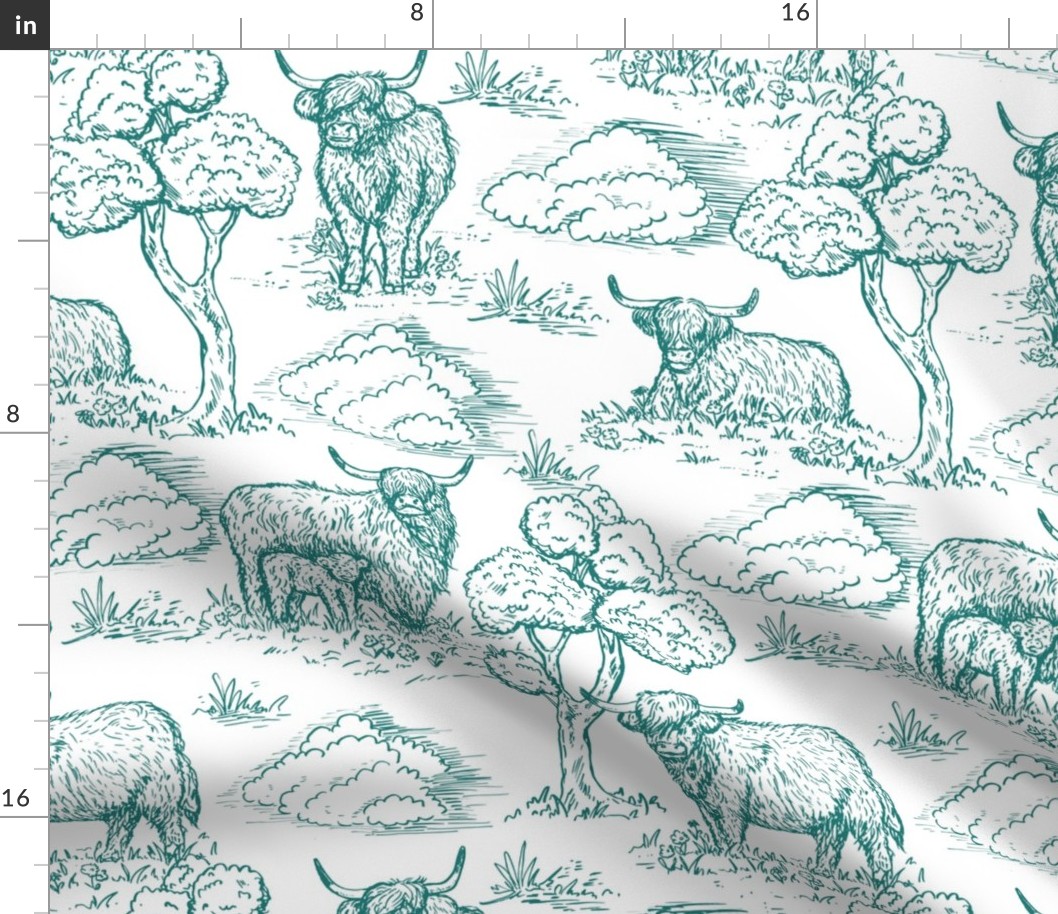 highland cow toile de jouy teal and white large scale WB24