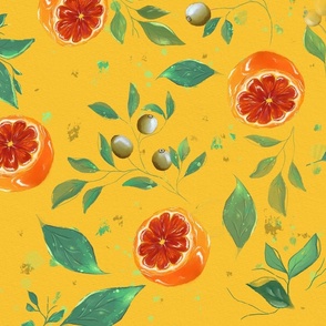 Watercolour Oranges - yellow background, large