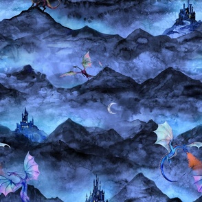 Dragons at night with dark mountains and castles