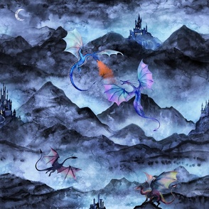 Dragons at night, mountains and castles, lighter version with less blue
