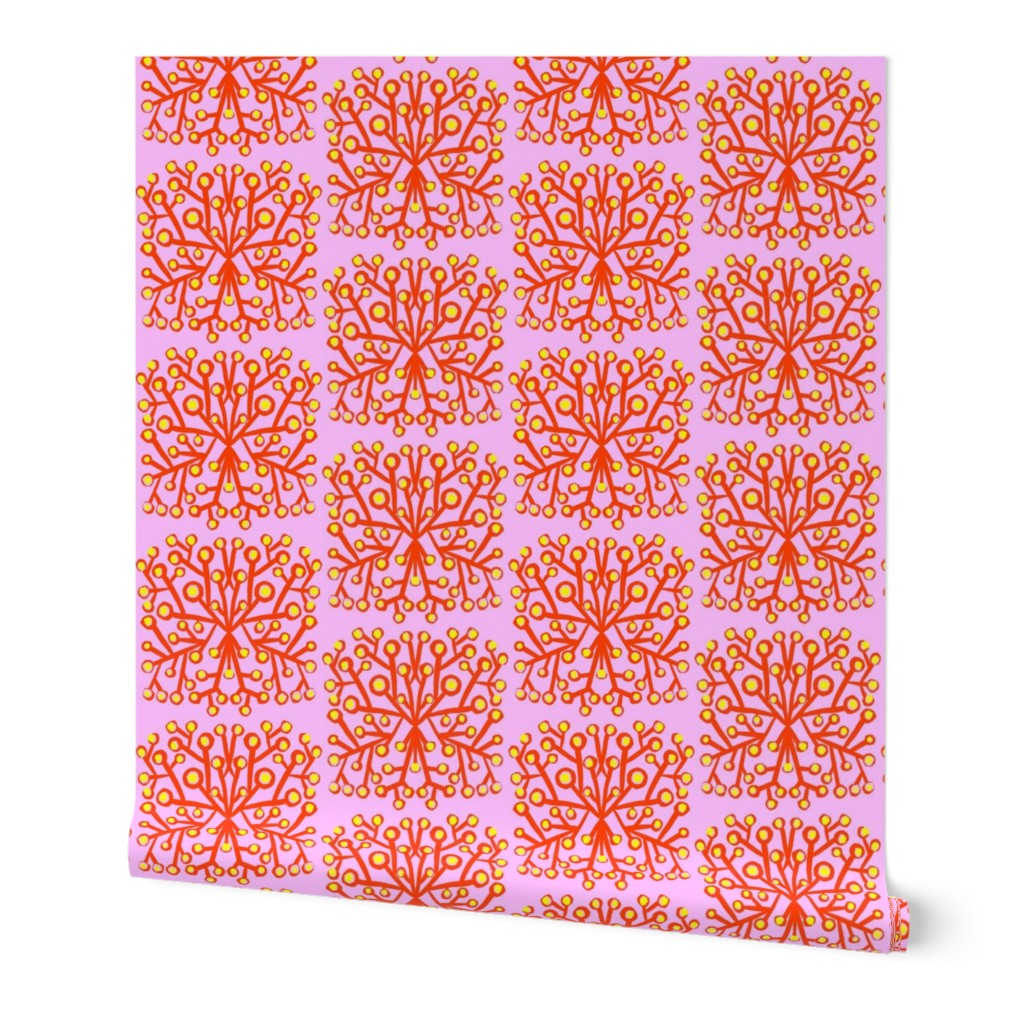 Underwater Tree Mini Bright Yellow And Red Stylized Ocean Seaweed On Pastel Pink Mid-Century Modern Sealife Aquatic Garden Plant Abstract Design Half-Drop Pattern