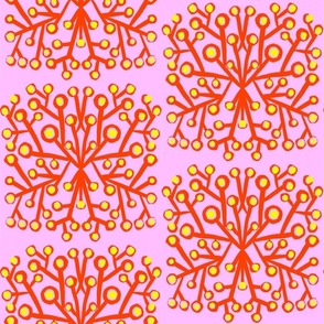 Underwater Tree Mini Bright Yellow And Red Stylized Ocean Seaweed On Pastel Pink Mid-Century Modern Sealife Aquatic Garden Plant Abstract Design Half-Drop Pattern