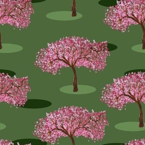 Cherry Blossom / Sakura tree by acrylic paints on green spotted background repeat pattern