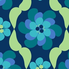  Flower and leaves 70s vintage on blue