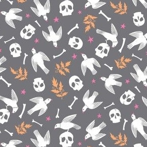 Flying Birds with Bones and Skulls, Pink and Tangerine on Gray