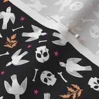 Flying Birds with Bones and Skulls, Pink and Tangerine on Black