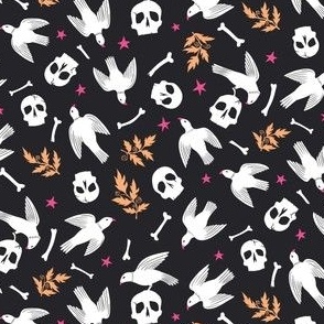 Flying Birds with Bones and Skulls, Pink and Tangerine on Black