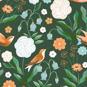 hummingbird wildflower garden in dark green and orange