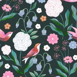 hummingbird wildflower garden in dark green and pink