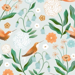 hummingbird wildflower garden in light blue and orange