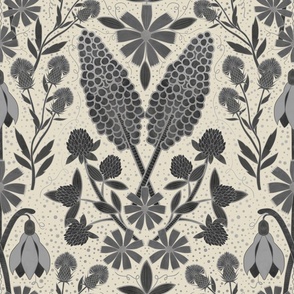 (L) Floral Garden Damask // Gray Scale on Ivory