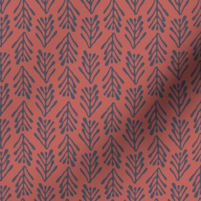 Seagrass  brunches in vertical lines - blue on redwood red background