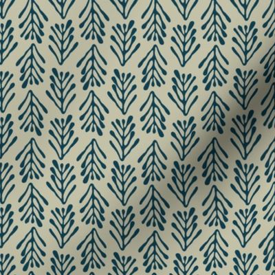 Seagrass  brunches in vertical lines - blue on pastel olive greenbackground