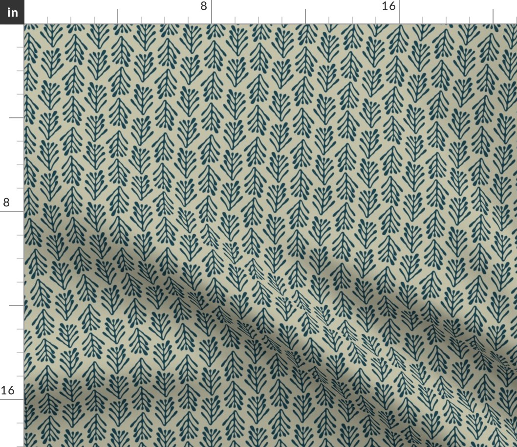 Seagrass  brunches in vertical lines - blue on pastel olive greenbackground
