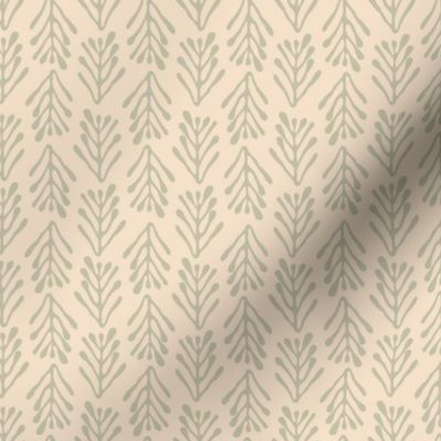 Seagrass  brunches in vertical lines - pastel olive green on beige background