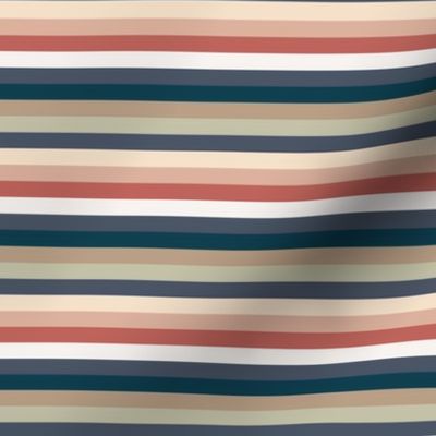 Horizontal straight lines in pastel brown, blue, white and redwood red