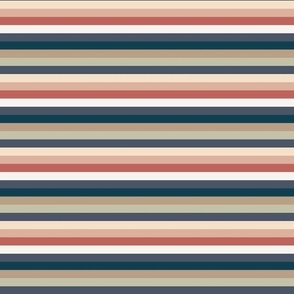 Horizontal straight lines in pastel brown, blue, white and redwood red