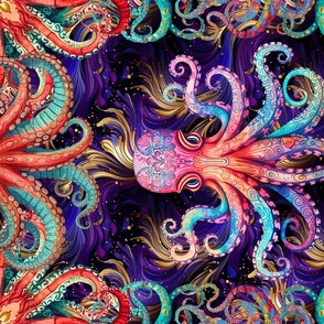 FAT QUARTER PANEL OCTOPUS TENTACLE 2 PSYCHEDELIC PURPLE GOLD FLWRHT