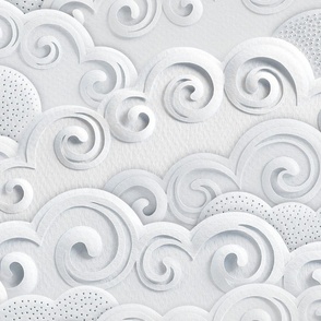 Paper Clouds- Dreamy Cloudy Sky- Paper Cut Faux Texture- Sun- Moon-  Calming Neutral- Monochromatic Off White- Cold White- Silver- Light Gray- Extra Large